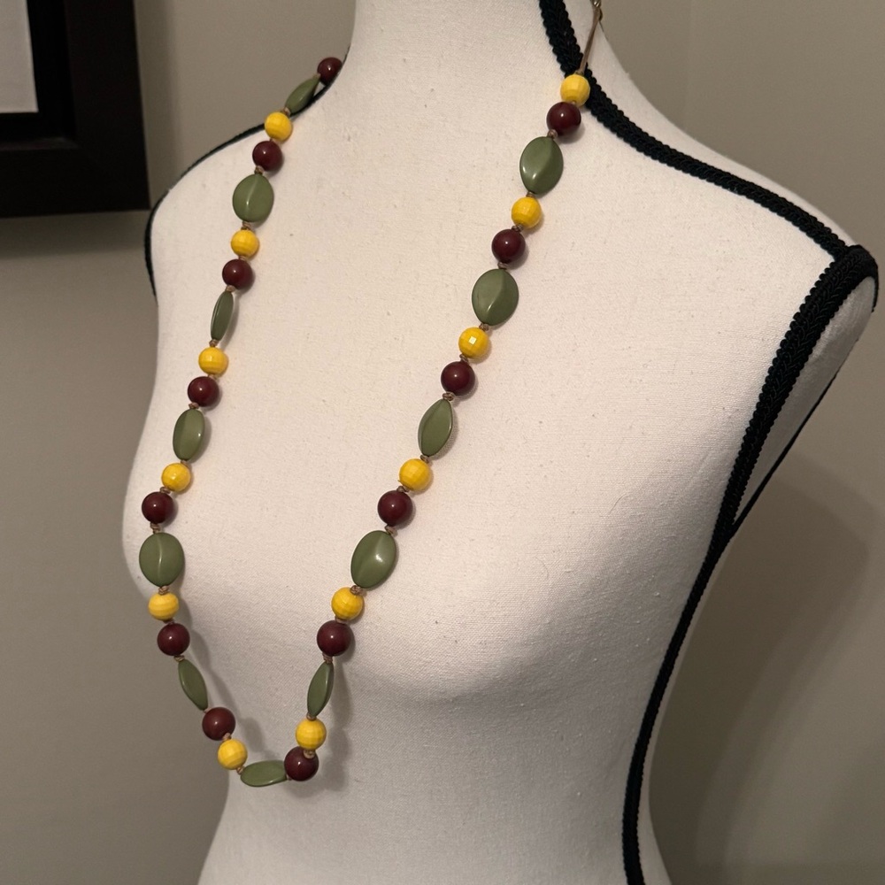 Earth Tone Beaded Necklace‎ Olive Green Burgundy Yellow Knotted Strand